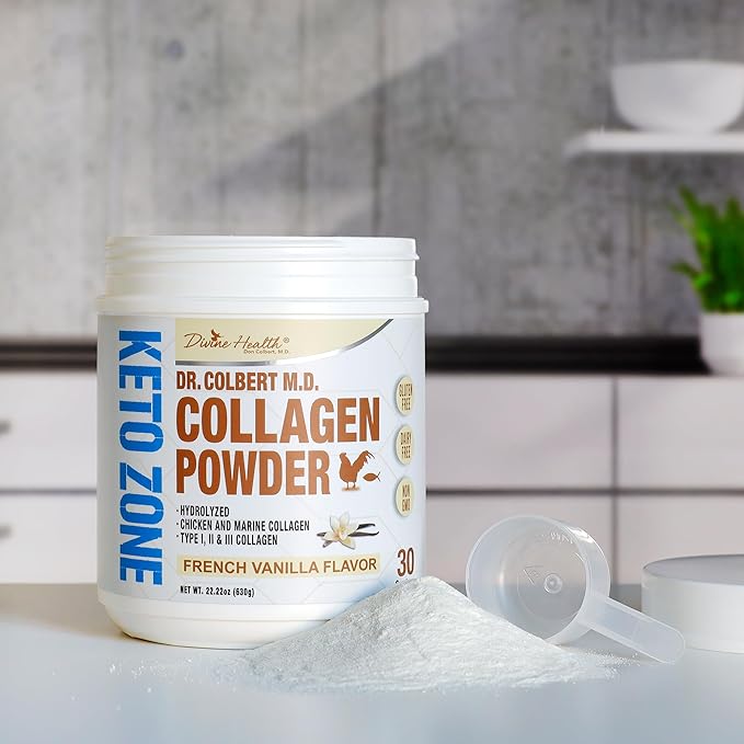 Dr. Colbert MD Hydrolyzed Collagen Powder | Vanilla Flavor | by Divine Health | Type I II III Chicken &amp Marine Collagen | Keto Zone | Support Hair Skin Nails &amp Joints | 630g | 30 Servings