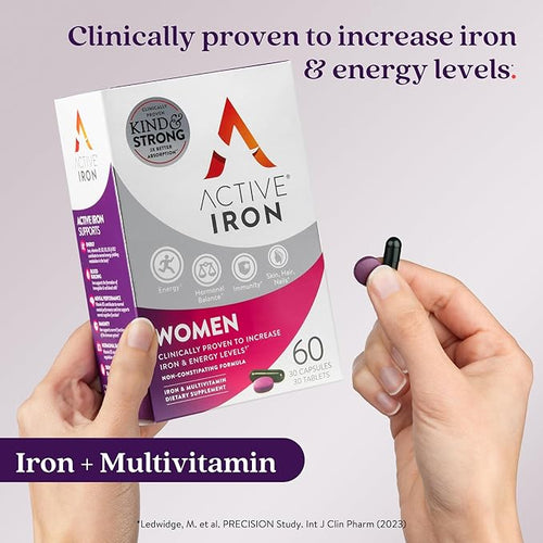 Active Iron Supplement 25mg + Multivitamin for Women Clinically Proven to Increase Iron &amp Energy Levels Maximum Absorption Gentle Non-Constipating 30 Capsules + 30 Tablets in On-the-Go Foil P
