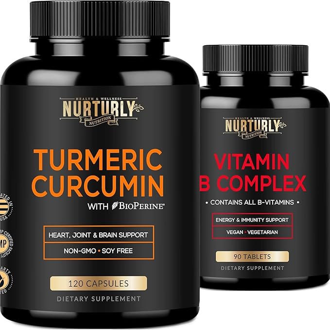 Vitamin B Complex and Turmeric Curcumin - Contains All Essential B Vitamins - B1 B2 B3 B5 B6 B7 B9 B12 and Biotin - High Absorption Turmeric Supplements 1300mg for Joint Hearth Health
