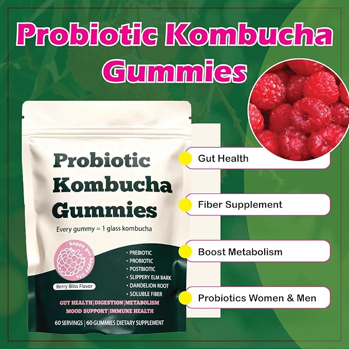 Probiotic Kombucha Gummy - Prebiotics + Probiotics + Postbiotics | Contains MCT Oil elm bark Dandelion Root and Fiber | Promotes Gut Health | 60 Capsules