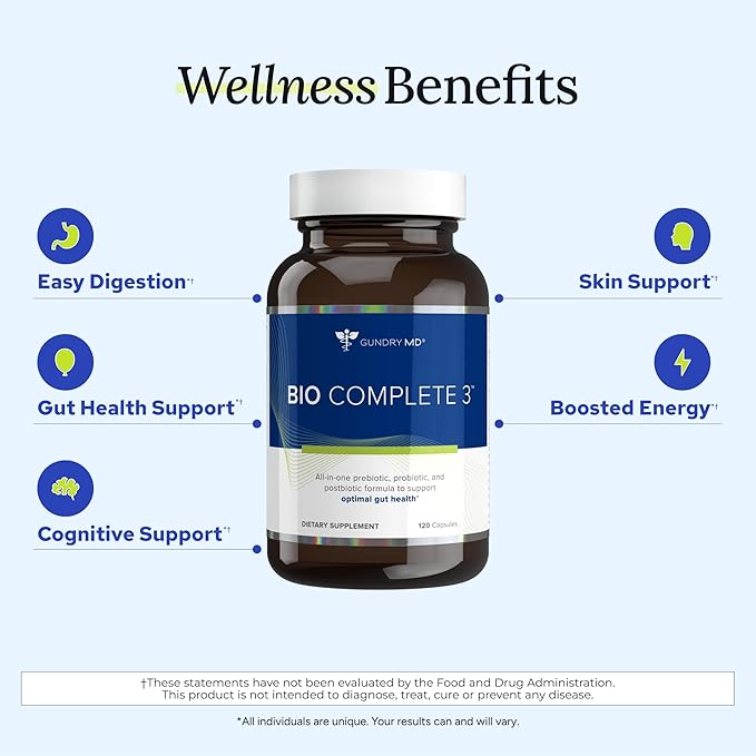 Gundry MD® Bio Complete 3 3-in-1 Probiotics for Gut Health Probiotic Supplements for Digestion Supplement Supporting Bloating Gas Food Cravings Energy Levels Skin and Focus 30 Day Supply
