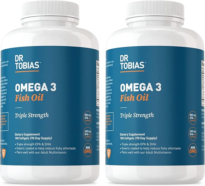 Dr. Tobias Omega 3 Fish Oil 2000mg Triple Strength with 800mg EPA 600mg DHA Per Serving | Fish Oil Omega 3 Supplements for Heart Brain &amp Immune Support - 360 Softgels (180 Servings)