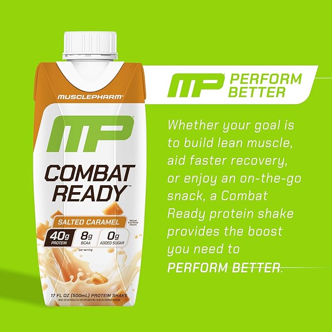 MusclePharm Combat Ready High Protein Shakes Ready to Drink 40g Protein 8g BCAAs 8.7g Glutamine 5g Fiber No Added Sugar Gluten Free Salted Caramel 17 Fl Oz (Pack of 12)