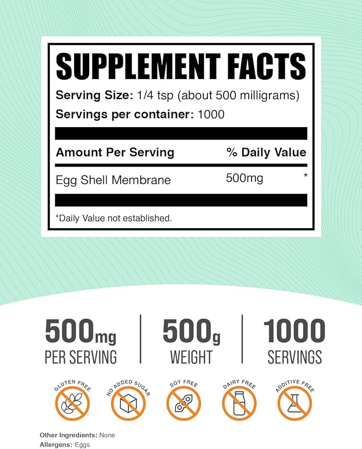 BulkSupplements.com Egg Shell Membrane Powder - Collagen Powder Suplement Dairy-Free &amp Gluten Free 500mg per Serving 500g (1.1 lbs) (Pack of 1)