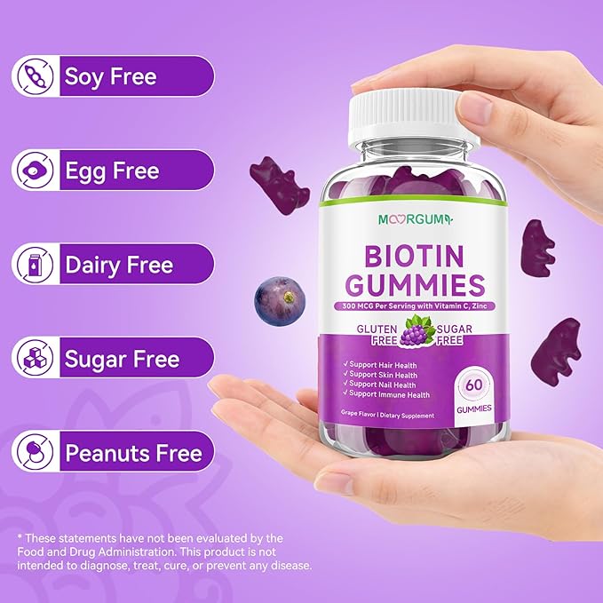 Sugar Free Biotin Hair Skin &amp Nails Gummies Supports Healthy Hair Skin and Stronger Nails with Vitamin C Zinc Chewable Vitamin B7 Supplements for Women &amp Men Vegan Non-GMO Grape 120 C