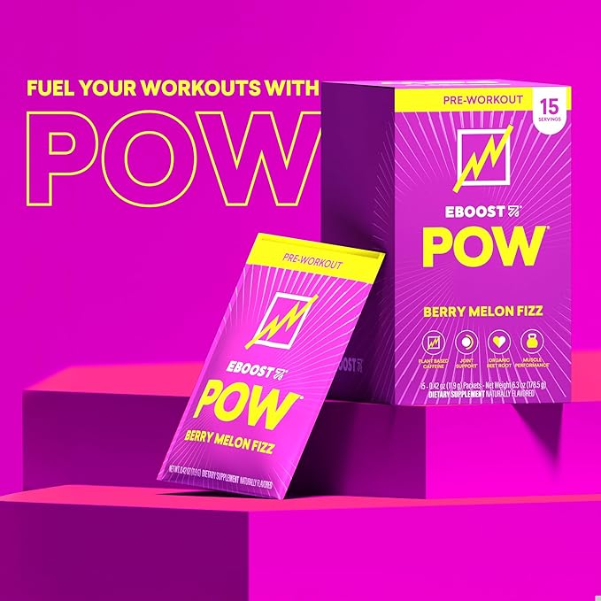 EBOOST POW Natural Pre Workout Powder - 15 Packets Berry Melon Fizz - Preworkout Energy Booster Gym Supplement Drink Mix for Men and Women - Performance Joint Mobility Support - Gluten-Free