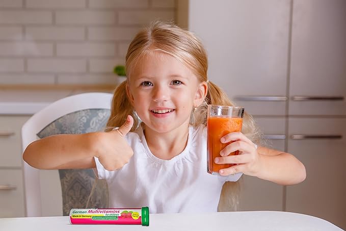 T&ampD German Multivitamin for Children 60 Drink Effervescent Tablets - Sweet Raspberry Flavour Sugar Free Vegan - Vitamin C E B1 B2 B6 B12 Folic Acid Niacin Pharma – Made in Germany