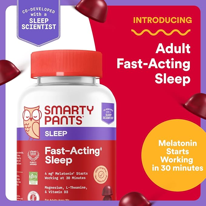 SmartyPants Adult Sleep Gummies with Melatonin: Magnesium &amp L-Theanine Drug-Free Non-Habit Forming Sleep Aid Fast-Acting Blueberry BlackBerry Flavor 60 Count