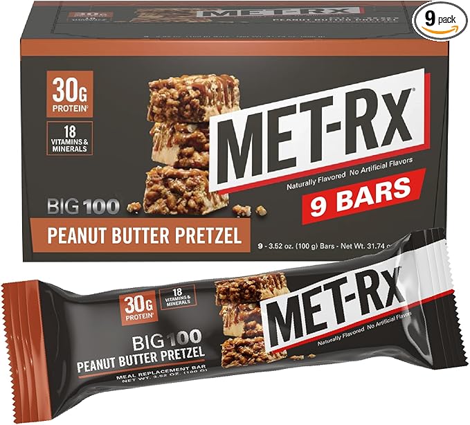 MET-Rx Big 100 Colossal Protein Bars Great as Healthy Meal Replacement Snack and Help Support Energy Peanut Butter Pretzel With Vitamin A Vitamin C and Zinc 100 g (Pack of 9)