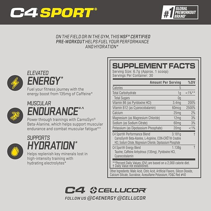 Cellucor C4 Sport Pre Workout Powder Watermelon - NSF Certified for Sport + Preworkout Energy Supplement for Men &amp Women - 135mg Caffeine + Creatine Monohydrate - 30 Servings