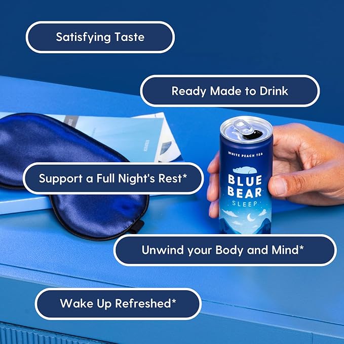 Blue Bear Melatonin Sleep Drink Sleep Tea for Bedtime Support White Peach Tea with Melatonin (5mg) Lavender Ashwagandha Chamomile GABA L-Theanine Caffeine-Free Zero Sugar 8.4 Fl Oz 12-Pack