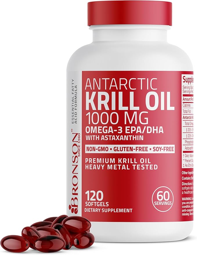 Bronson Antarctic Krill Oil 1000 mg with Omega-3s EPA DHA Astaxanthin and Phospholipids 120 Softgels