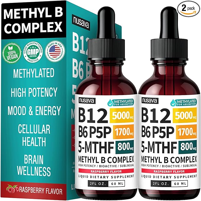 (2-Pack) Methylated B Complex Liquid Drops with Active L-Methylfolate - B12 Sublingual Drops Vitamin B Complex - Vegan B 12 Vitamin 5000mcg Non-GMO Raspberry Flavor No Sugar 2 Fl oz 80 Servings