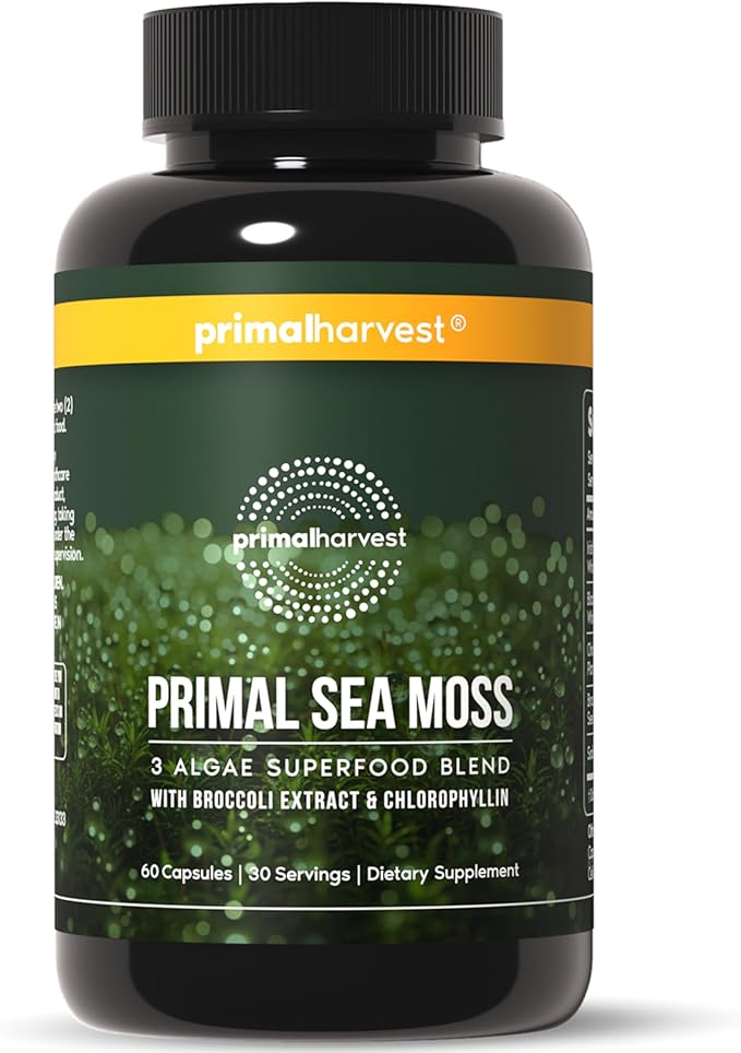 Primal Harvest Sea Moss Capsules with Bladderwack and Irish Sea Moss Chlorella Broccoli Seed Extract Plant-Based Supplements for Adults