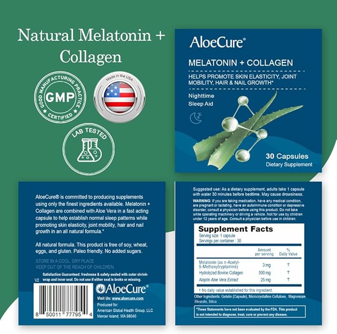 AloeCure Natural Melatonin + Collagen Natural Sleep Aid Supplement for Restful Nights - Collagen Complex for Joint Strength Skin Elasticity Hair &amp Nail Growth 30 Capsules x 6 Bottles