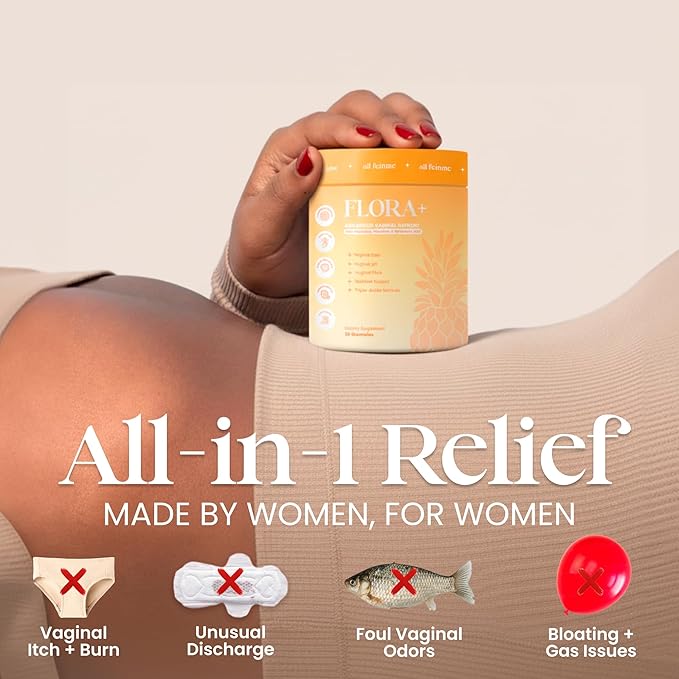 Flora+ Women’s Vaginal Probiotic Gummies for pH Balance Odor and Freshness Support with Prebiotics &amp Hyaluronic Acid Sugar Free Pineapple Vegan Non-GMO | 30 Gummies
