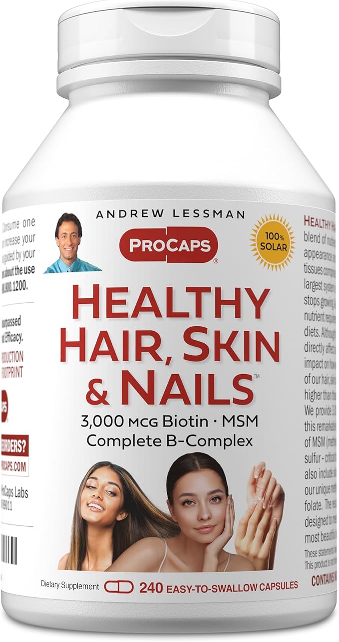 ANDREW LESSMAN Healthy Hair Skin and Nails 240 Capsules - 3000 mcg High Bioactivity Biotin B-Complex. Promotes Beautiful Skin Strong Nails. No Additives Hair Growth Vitamins Biotin Supplement