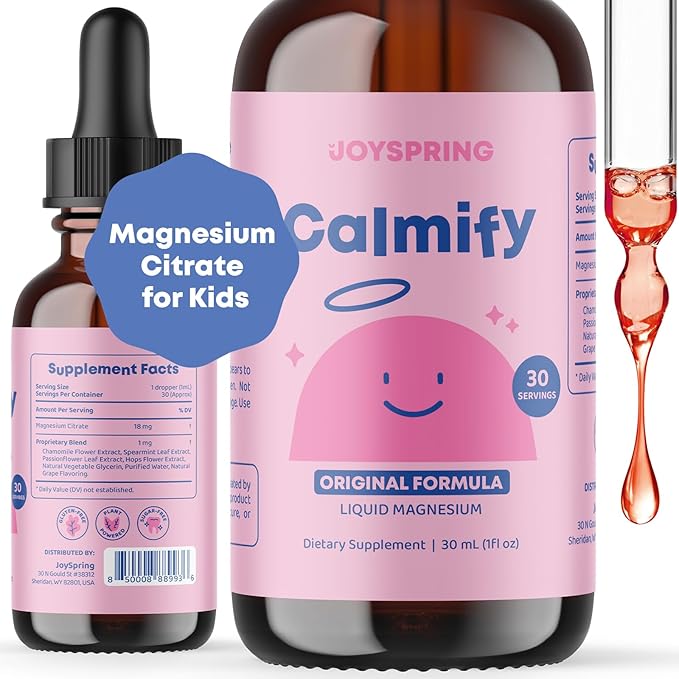 JoySpring Kids Magnesium Routine – Magnesium Citrate Liquid Drops with Chamomile + Saffron Powder with Vitamin D3 – Mineral &amp Botanical Daily Supplement for Kids