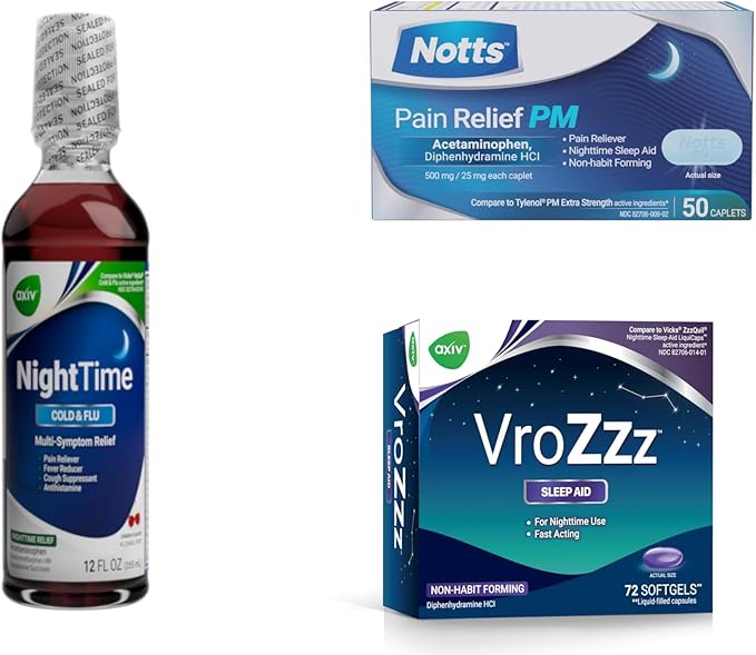 AXIV VroZzz Melatonin Gummies + Notts PM Acetaminophen Caplets Liquid Formula Value Bundle