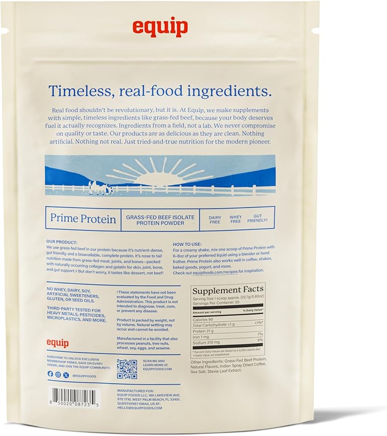 Equip Foods Prime Protein Powder | Clean Grass Fed Beef Protein Powder | Carnivore Protein Isolate | Paleo Keto Friendly Gluten &amp Dairy Free | Helps Build &amp Repair Tissue | 30 Servings Ice