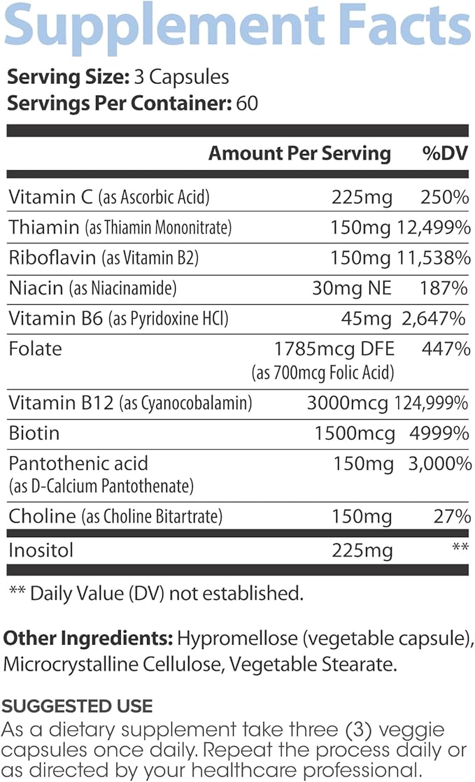Lumen Naturals B-12 Complex for Women – 3000mcg Per Serving with Vitamin C &amp Biotin – 180 Veggie Capsules – 60 Servings – Non-GMO Gluten-Free and Easy to Take Daily