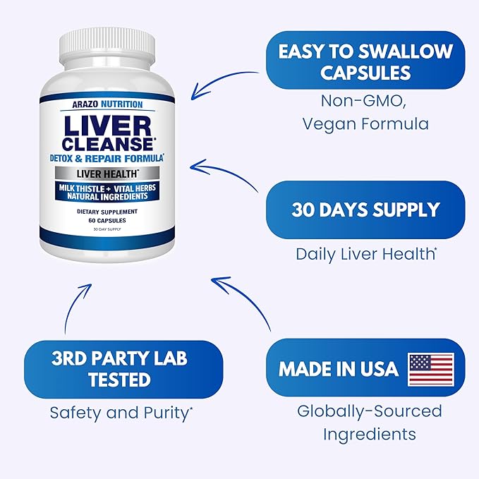 Arazo Nutrition Liver Cleanse Detox &amp Repair Formula – Milk Thistle Herbal Support Supplement: Silymarin Beet Artichoke Dandelion Chicory Root
