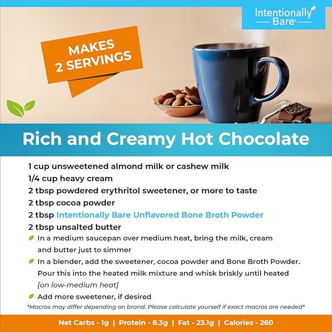 Intentionally Bare Bone Broth Protein Powder Unflavored - Grass Fed Protein Powder with Multi Collagen Peptides Type 1 2 and 3 - Dairy Free Bone Broth Powder for Skin Gut and Joint - 20 Servings