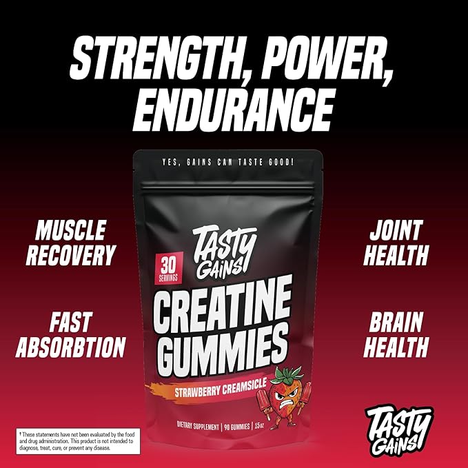 TASTY GAINS Creatine Gummies - 90g of Creatine Monohydrate - Workout Supplements - Build Muscle &amp Boost Strength for Men &amp Women - Made in USA - Non GMO - (Large Strawberry Creamsicle Flavor)