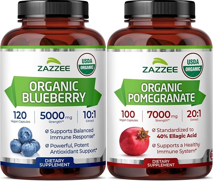 Zazzee Organic Polyphenol Anti Aging Bundle | Antioxidant Rich Blueberry Extract and Super Concentrated Pomegranate Extract Capsules | Non-GMO Vegan &amp ISO Lab Tested