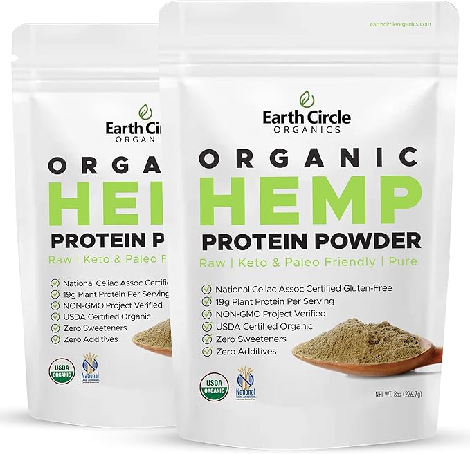 Earth Circle Organics Organic Hemp Protein Powder Lab Tested 100% Gluten Free Plant Based &amp Vegan Raw Protein Powder - Perfect for Keto Meal Replacement Shakes Pre &amp Post Workout (8oz Pac