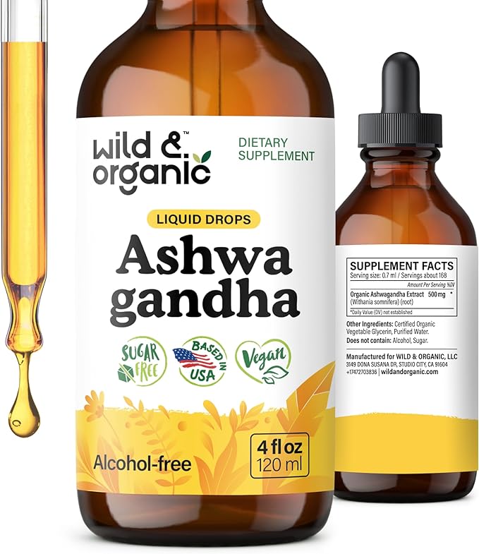 Wild &amp Organic Ashwagandha Drops - Mood Support &amp Positive Energy - 500 mg Ashwagandha for Women &amp Men - Add to Tea Liquid Extract for Relaxation - Non-GMO Sugar &amp Alcohol-Free Tinctu