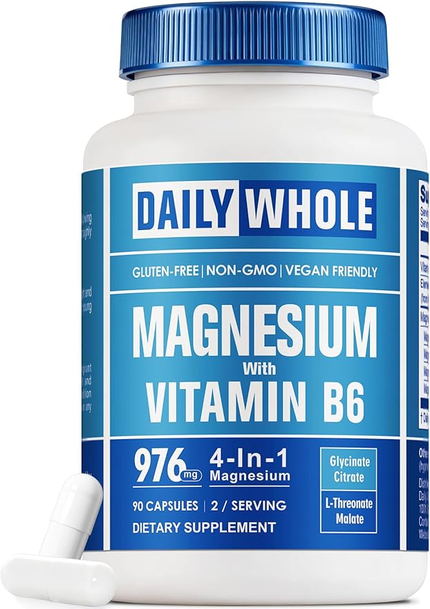 Magnesium Glycinate 4-in-1 Complex 976mg of Magnesium Glycinate Citrate Malate L-Threonate &amp Vitamin B6 Supplement for Health | Third Party Tested - 90 Capsules