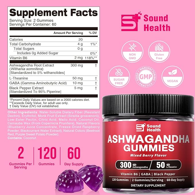 Ashwagandha Gummies for Women &amp Men | Organic Ashwagandha Supplement with Vitamin B6 Black Pepper | Vegan Plant Based Non-GMO Gluten-Free - 120 Count (60-Day Supply)