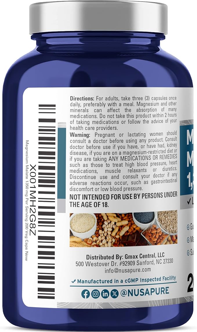 NusaPure Magnesium Malate 1350mg 200 Veggie Capsules (Vegan Non-GMO Vegan)