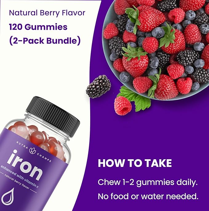 NutraChamps Iron Gummies with Vitamin C 20mg Iron Blood Cell Formation Support 120 Gummies for Iron Deficiency &amp Anemia Energy Focus Immune Boost Pack of 2