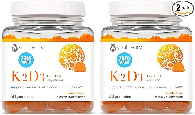 Youtheory K2D3 - Bone &amp Heart Health Support* - Combines Vitamin D3 &amp Vitamin K2 - Dairy Soy &amp Gluten Free - Peach 60 Vegetarian Gummies (Pack of 2)