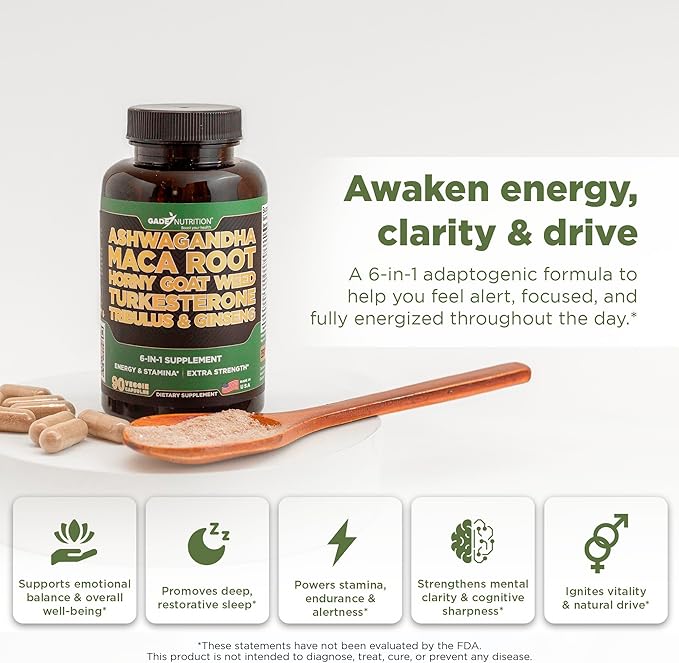Gade Nutrition Ashwagandha with Maca Root Horny Goat Weed Turkesterone Supplement Tribulus Terrestris Panax Ginseng Pack of 2