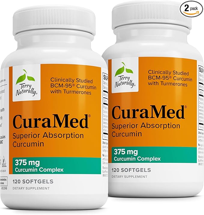 Terry Naturally CuraMed 375mg - Antioxidant Supplement for Brain &amp Immune Health Support - Dietary Supplement with Curcumin &amp Turmeric Essential Oil - Herbal Liver Support - 120 Softgels (Pack