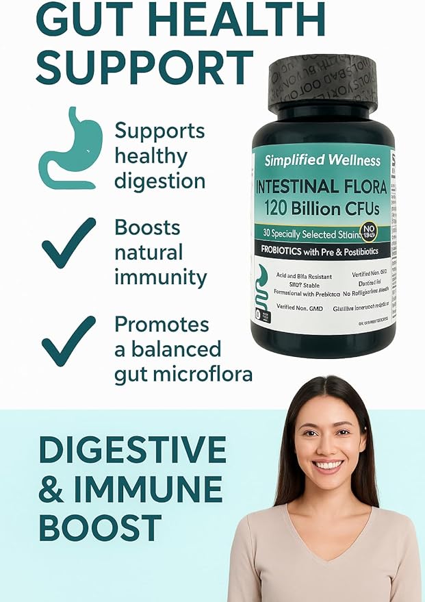 Intestinal Flora Probiotic: 60 Day Supply: 120 Billion CFUs: 36 Selected Strains &amp Prebiotics: Digestive Support: Gluten-Free Non-GMO No Yeast.