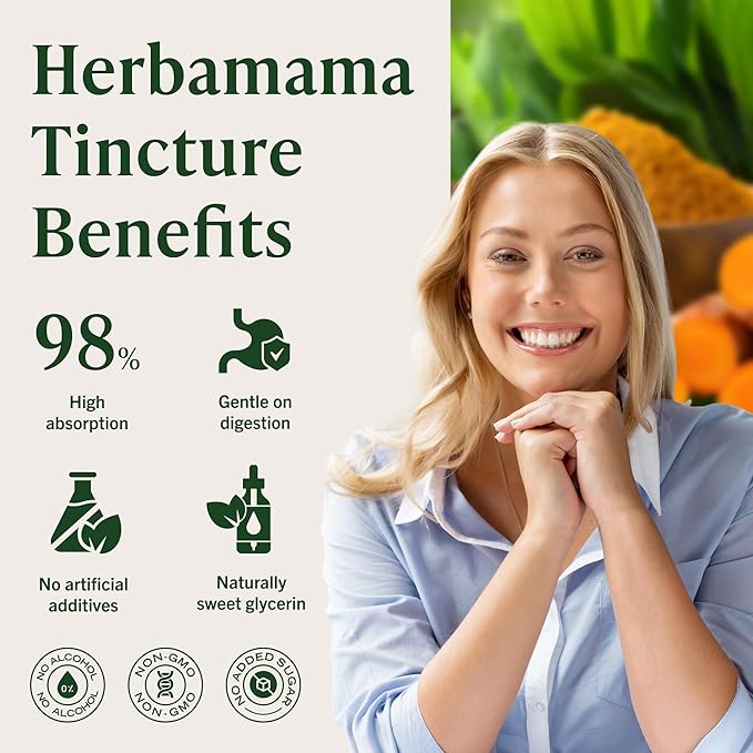 HERBAMAMA Turmeric Liquid Drops - Vegan Immune Digestive &amp Mobility Support with Turmeric Curcumin with Black Pepper Extract - Non-GMO Alcohol &amp Sugar-Free Antioxidant Supplement - 56-Day Su