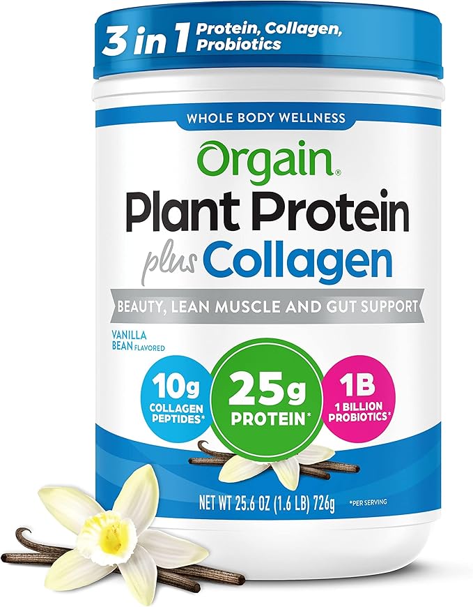 Orgain Protein Powder + Collagen Vanilla Bean - 25g of Protein 10g Collagen Peptides Type I &amp III 1B CFU Probiotics Supports Hair Skin Nail Joint &amp Gut Health Gluten Free - 1.6lb