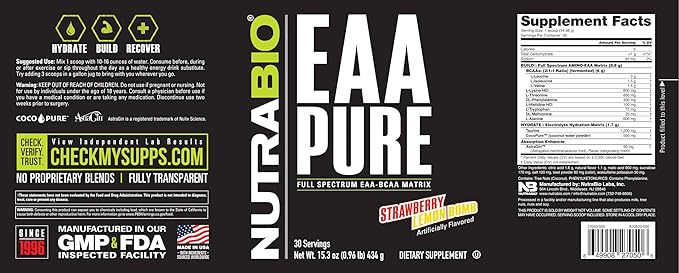 NutraBio – EAA Pure – 9 Amino Acids – Muscle Repair and Recovery 30 Servings Strawberry Lemon Bomb – Pre or Post Workout – All Day Recovery