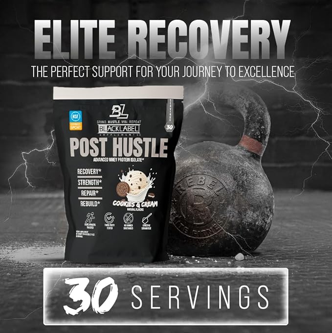 BLACKLABEL Supplements Post Hustle Post Workout Protein Powder 30 Servings – NSF Certified for Sport Whey Isolate Protein Powder with Digestive Enzymes – Cookies &amp Cream