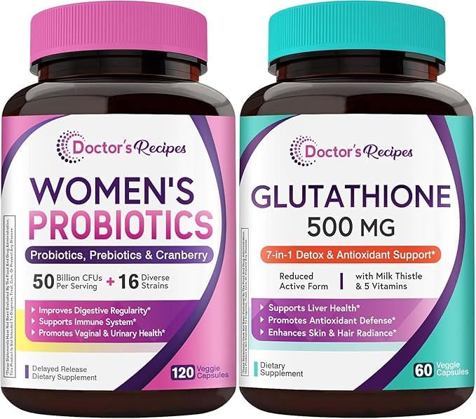 Doctor's Recipes Bundle: Glutathione for Liver Support + 50B Probiotic for Digestive &amp Immune Health 180 Caps