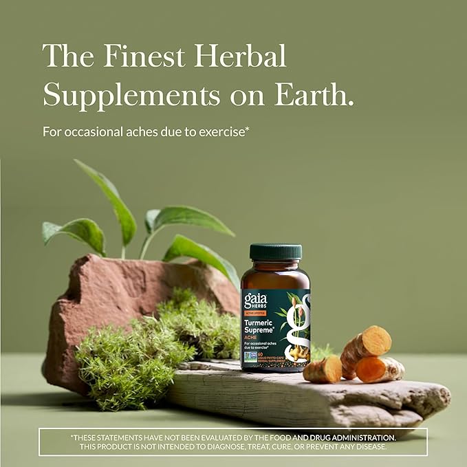 Gaia Herbs Turmeric Supreme Ache- Helps Provide Relief of Occasional Aches - with Turmeric Curcumin Black Pepper Devil’s Claw Ginger Feverfew &amp More - 120 Liquid Phyto-Capsules(60-Day Supply)