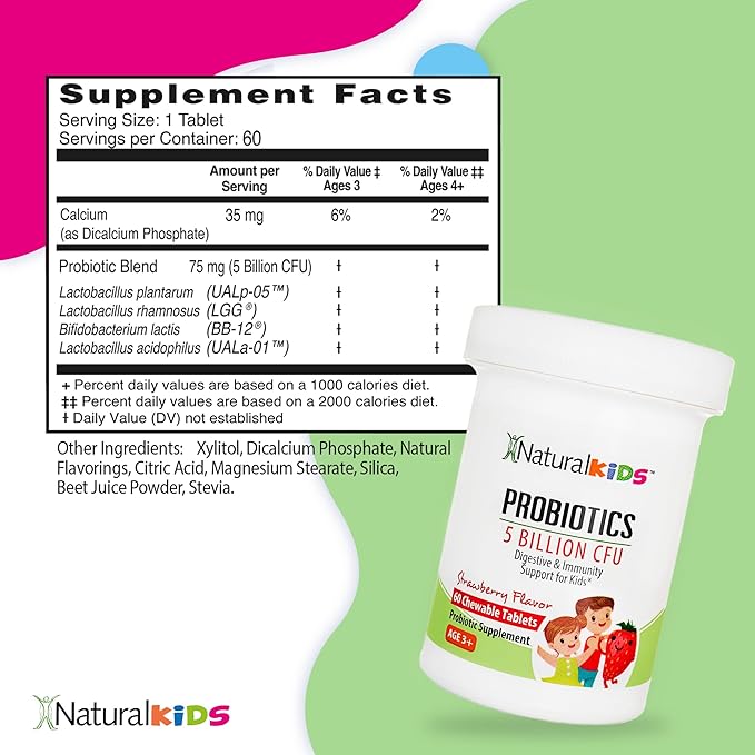 NaturalSlim Kids Probiotics for Digestive &amp Gut Health Immune Support 5 Billion CFU with LGG BB-12 &amp 4 Probiotic Strains 35 mg Calcium for Children Ages 3+ Strawberry Flavor 60 Chewable