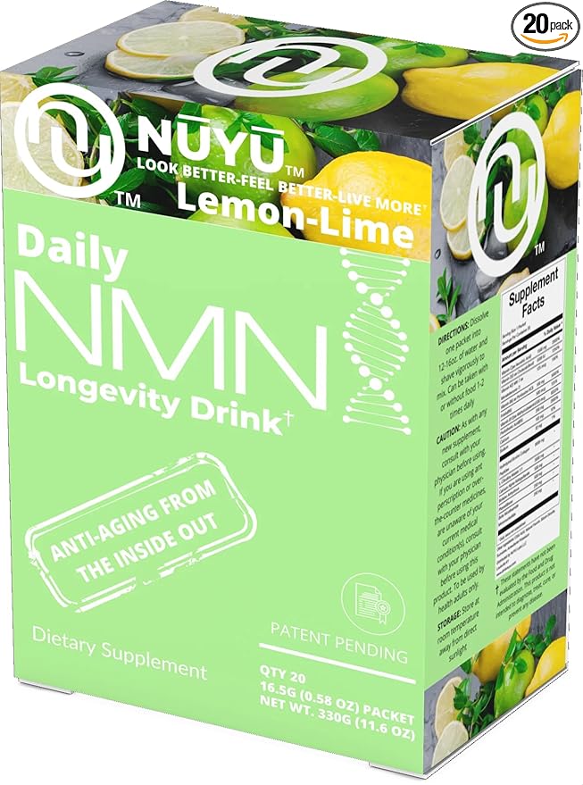 NUYU Labs Daily NMN Longevity Drink All-in-One Anti-Aging Supplement with Pterostilbene TMG Calcium AKG Collagen Peptides B Complex Vitamins B C D3 K2-MK7 (Lemon-Lime)