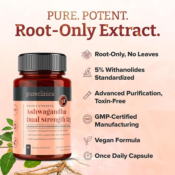 pureclinica Double Strength ZenVedha® Ashwagandha 12000mg x 90 Vegan Capsules – 5% Withanolides – with Vitamin B6 for Stress Relief Energy &amp Focus- 3 Month Supply