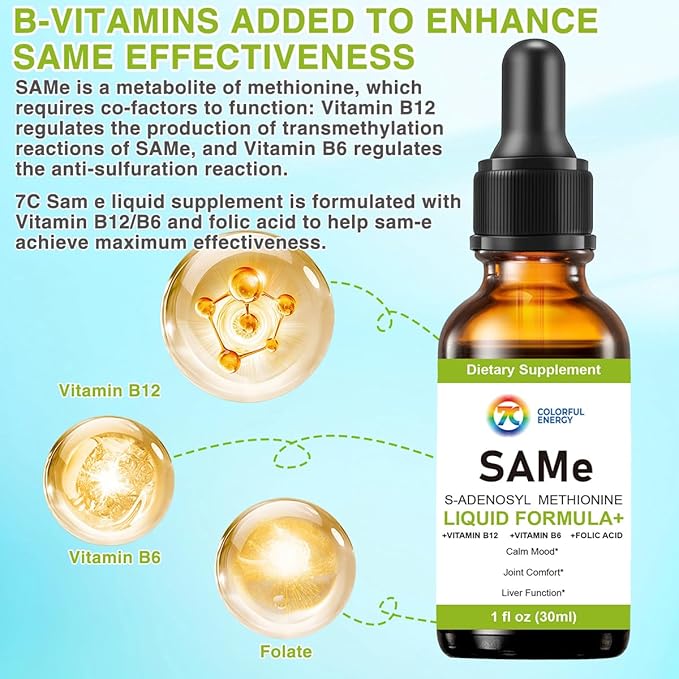 7c Sam e Liquid Supplement (S-Adenosylmethionine) Vitamin B6 B12 Added to Enhance Sam-e Effectiveness 98% Absorption Vegan Non-GMO Gluten-Free 1 Fl Oz