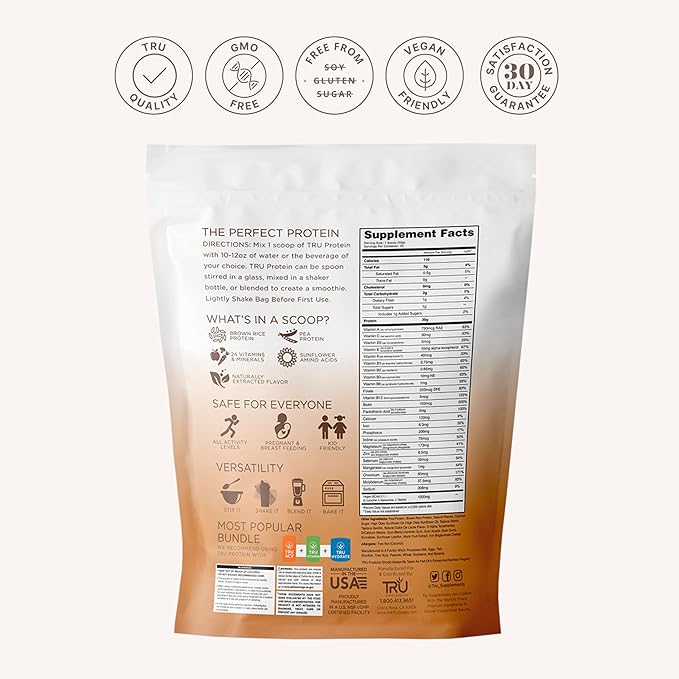 TRU Supplements Plant Based Protein Powder BCAA EAA 20g Vegan Brown Rice &amp Pea Protein 100 Calories 27 Vitamins No Artificial Flavors 25 Servings 25 Servings (Dulce De Leche)
